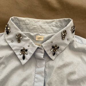 Loft Blue Embellished Neck Button Down, XS Petite